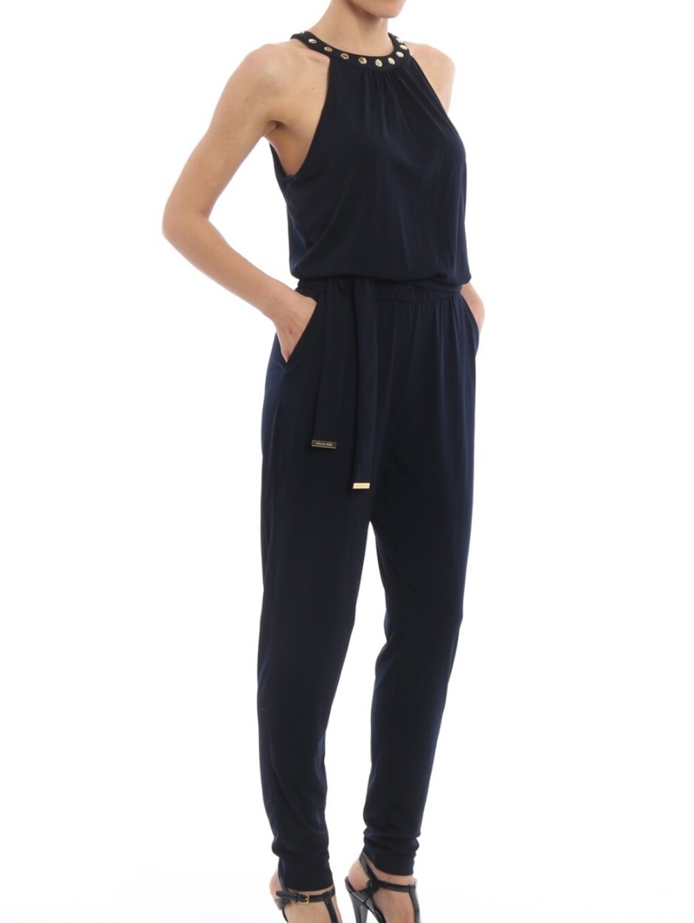 Michael Kors Sleeveless Navy Halter Jumpsuit Tie belt Embellished Neckline L